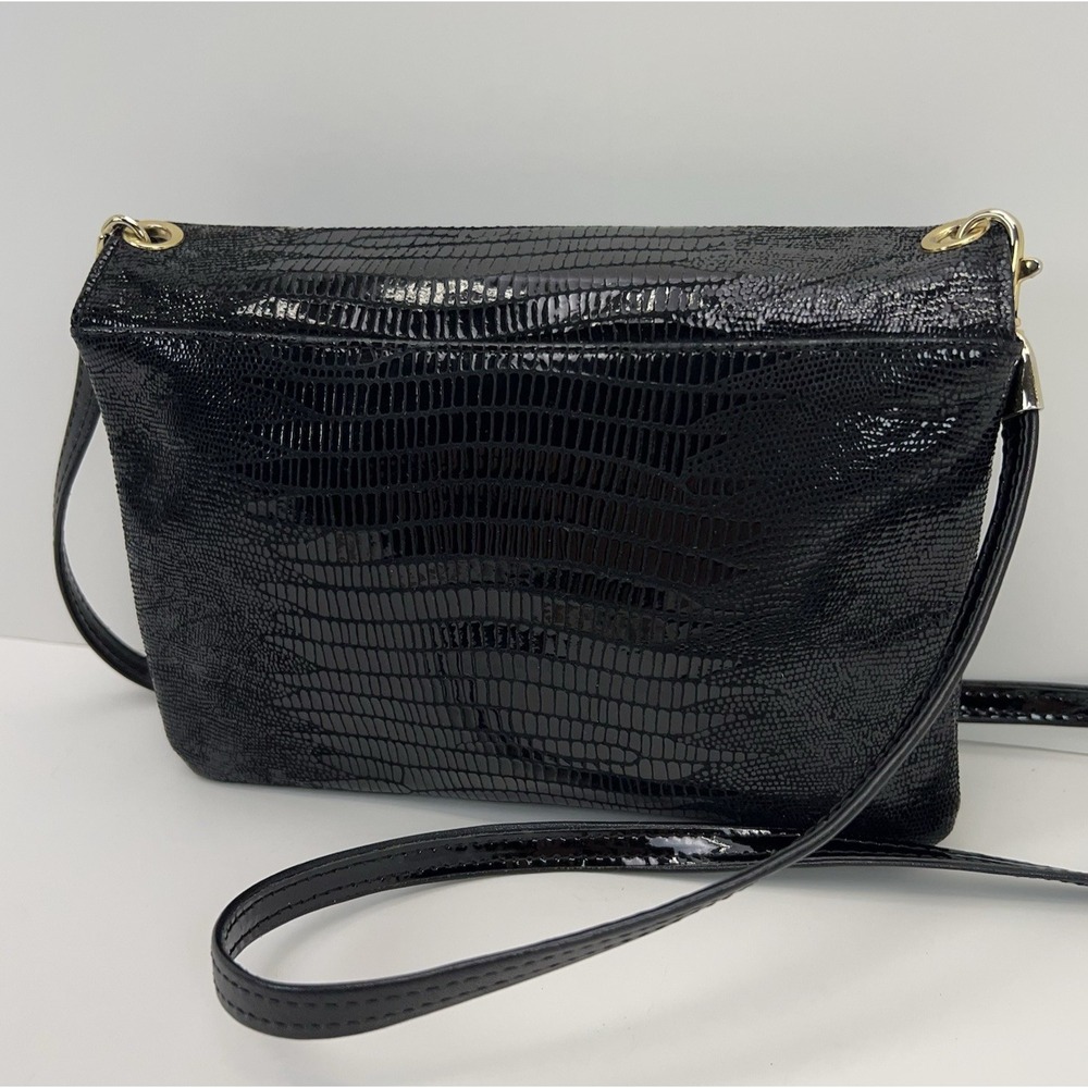 Vtg DUE FRATELLI Leather Purse Black Croc Embossed Crossbody Clutch Bag Classic - Picture 3 of 15